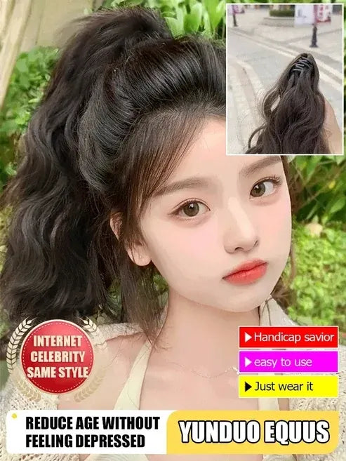 Beautiful high ponytail with realisticshort curly hair